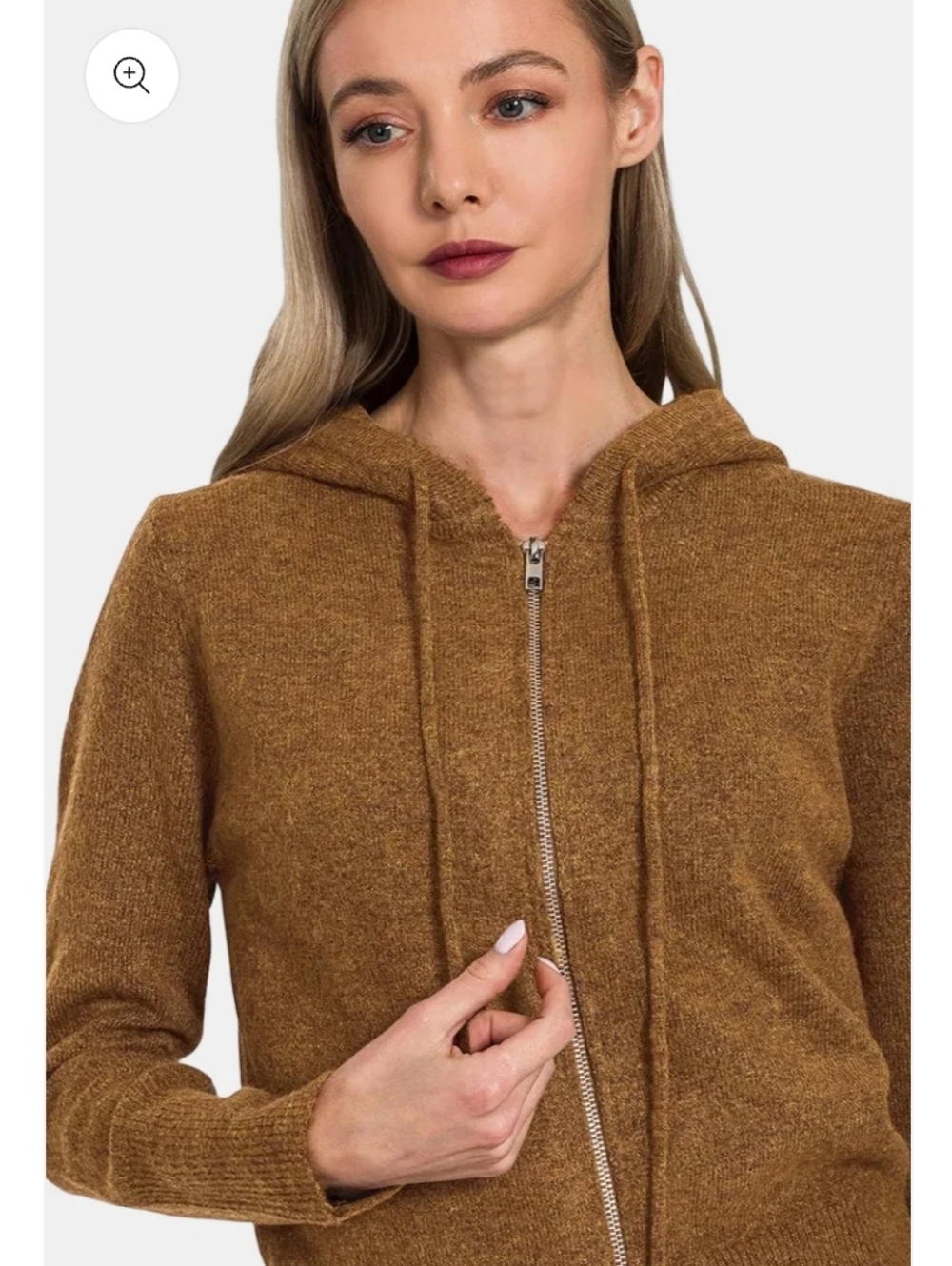 Zenana Full Zip Knit Hoodies Chocolate Brown